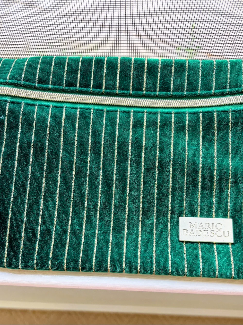 Mario Badescu Emerald Green Velvet Pinstripe Cosmetic Pouch